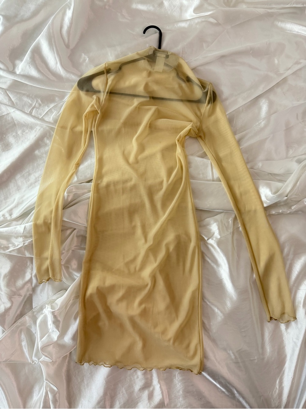 Sheer Long-Sleeve Yellow Mesh Bodycon Dress